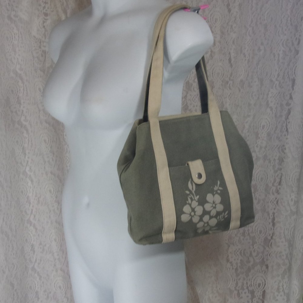 Eddie Bauer Olive Green Tan accents Canvas Small Tote Handbag